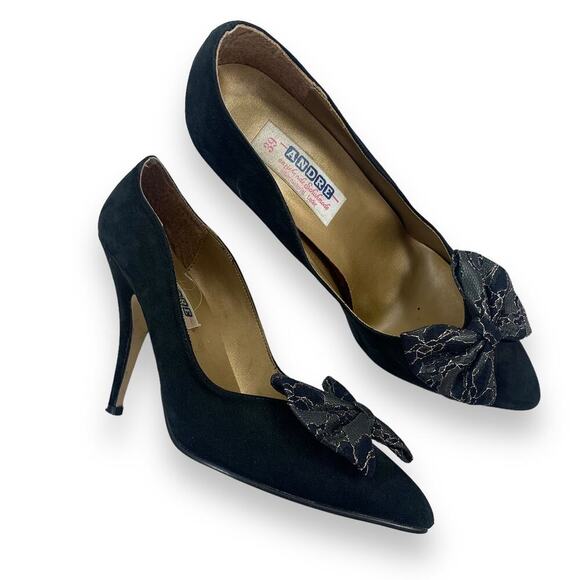 1960's German designer ANDRE black nubuck suede stiletto pumps large lace bow - Picture 14 of 16